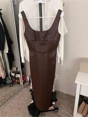 Commense Dark Brown Faux Leather Midi Dress